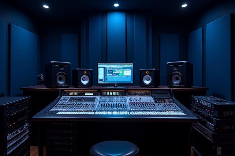 Sala de controle de última geração no Estúdio Harmonia com console de mixagem
