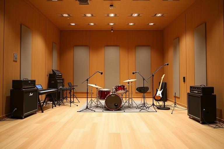 Ampla sala de gravação ao vivo no Estúdio Harmonia com instrumentos